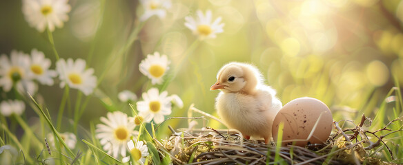 A tiny chick in a nest and field of daisies, spring Easter background