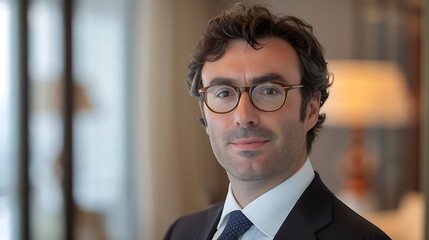 Naklejka premium Portrait of Businessman Standing wearing Suit Glasses with Office Room Background for Business Success Concept.