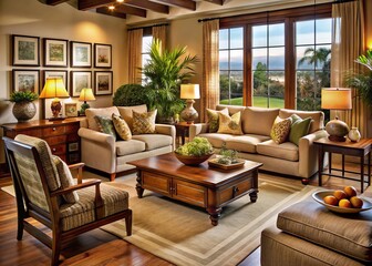 Fototapeta premium Warmly appointed living room featuring tastefully arranged furniture, exuding elegance through the thoughtful
