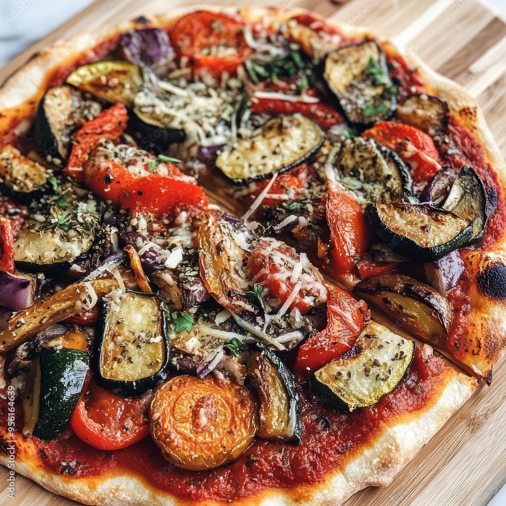 Poster A freshly baked vegetarian pizza with a variety of roasted vegetables, including red peppers, zucchini, eggplant, and red onions, topped with parmesan cheese and fresh herbs.