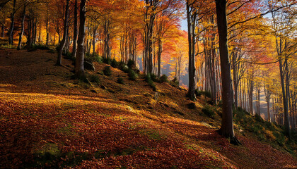 Obraz premium 紅葉の景色に連なる山々。見晴らしの良い紅葉の森の全景。A series of mountains in a landscape of autumn leaves. A panoramic view of the autumn leaves forest.