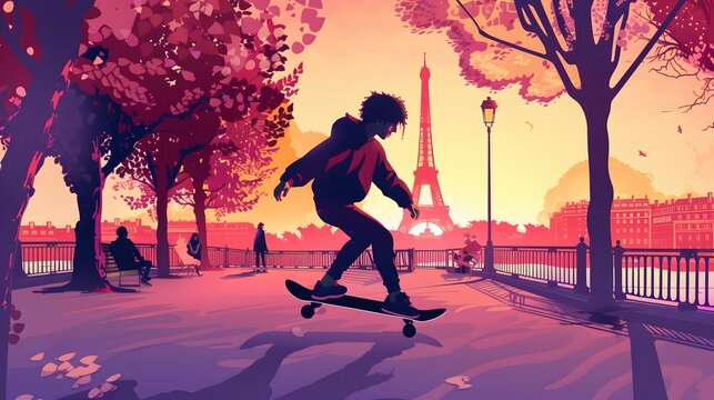 A skateboarder cruising in a Paris park, depicted in sleek vector design.