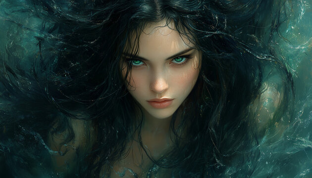 Portrait of a beautiful brunette with blue eyes. fantasy