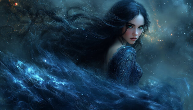 Portrait of a beautiful brunette with blue eyes. fantasy