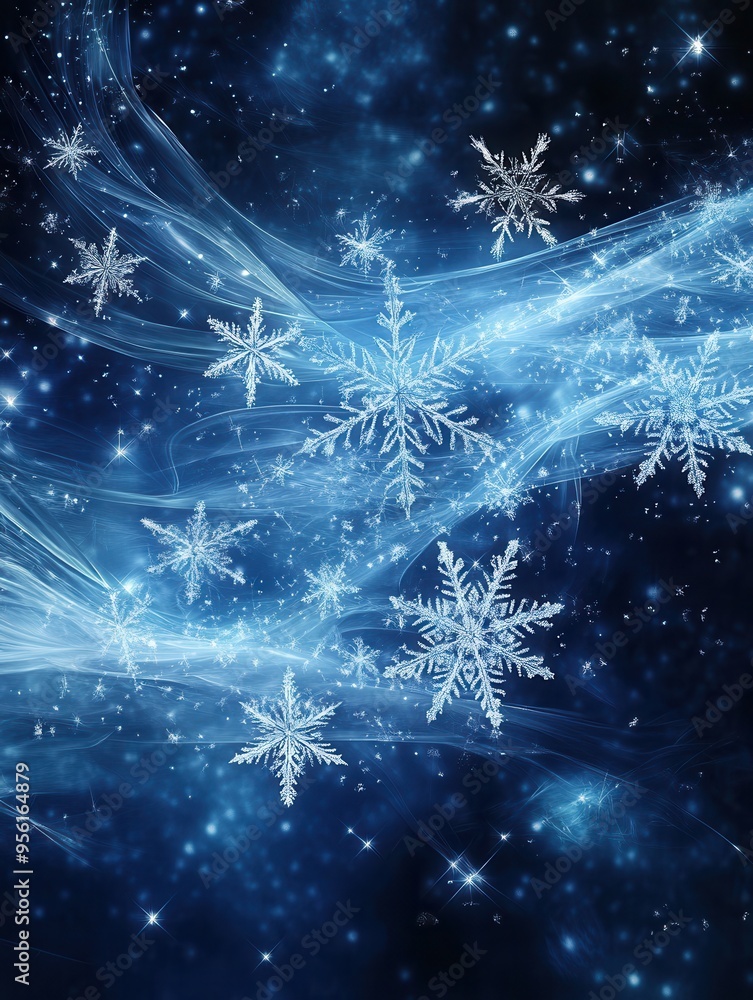 Poster Swirling lines and abstract snowflakes blend together to form a captivating winter design filled with deep blue and shimmering lights. Generative AI