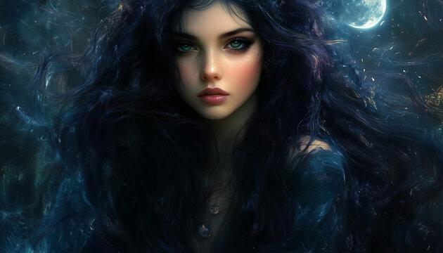 Portrait of a beautiful brunette with blue eyes. fantasy