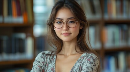 Young Woman Wearing Glasses In Library