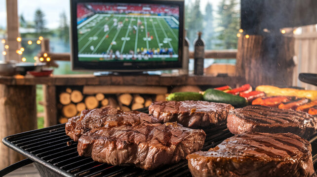 Grilling steaks outdoors with a background football game on TV. Perfect setup for a sports barbeque party.