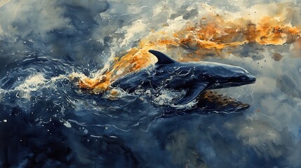 Obraz premium Tragic Oil Spill: Wildlife in Peril Amid Dark Ocean Waters - Watercolor Illustration Depicting Environmental Disaster