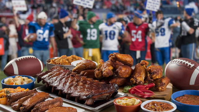 A delicious spread of game day foods with ribs, chicken wings, and footballs in the foreground, and fans and players in the background.