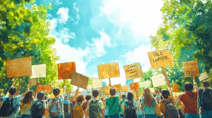 Raising Voices for Change: Vibrant Climate Change Protest with Multicultural Crowd and Artistic Watercolor Signs