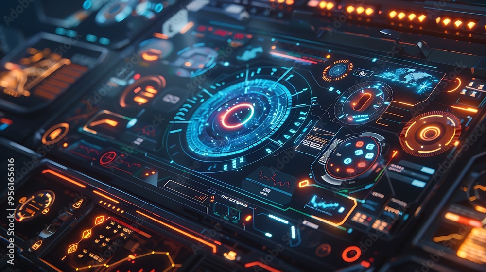 Poster futuristic interface with digital control panel display for future data information technology syste