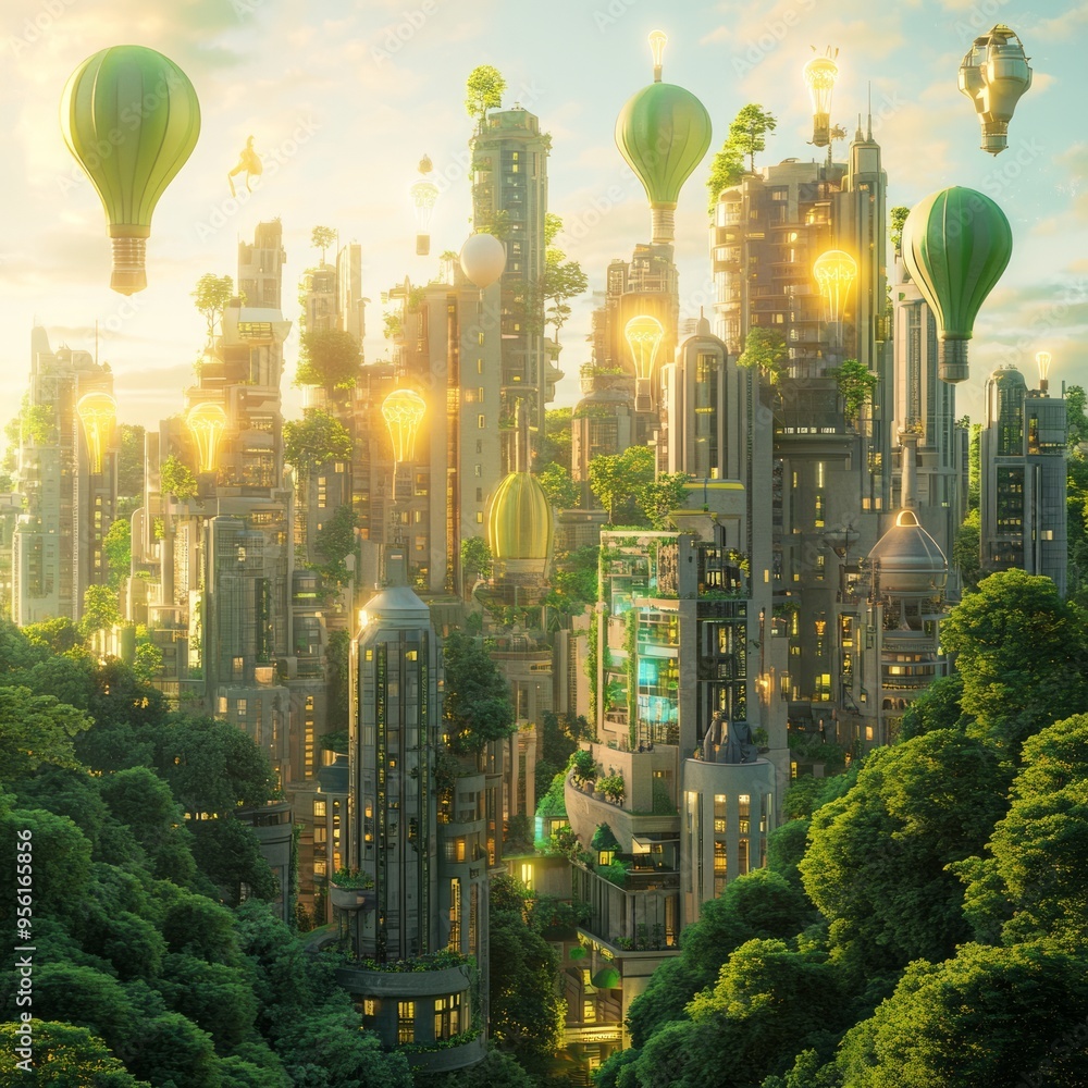 Canvas Prints A futuristic city with glowing light bulbs and hot air balloons in a forest.