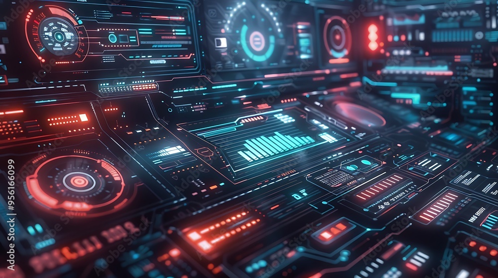 Poster futuristic interface with glowing red blue lights for complex technology concept of modern future in