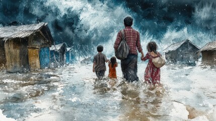 Fototapeta premium Urgent Exodus: Climate Refugee Families Escaping Flooded Homes in Watercolor Storm