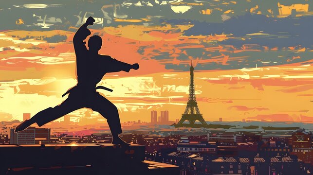 A karateka executing a high kick, with a Parisian backdrop, captured in modern vector art.
