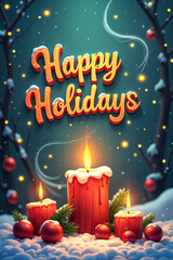 Festive holiday greeting card with the text Happy holidays prominently displayed, featuring a Christmas tree and candles as decorations.