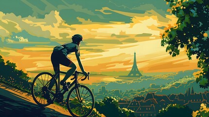 Obraz premium A cyclist climbing a hill near Paris, depicted in sharp vector graphics.
