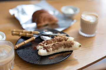 Brunch in warm colors, healthy food, latte, coffee, bread, bagels, peanut butter, beautiful bamboo tableware, cozy brunch, bananas, low fat diet, low sugar,diet,egg,recipe,chocolate