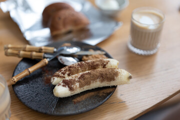 Brunch in warm colors, healthy food, latte, coffee, bread, bagels, peanut butter, beautiful bamboo tableware, cozy brunch, bananas, low fat diet, low sugar,diet,egg,recipe,chocolate