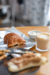 Brunch in warm colors, healthy food, latte, coffee, bread, bagels, peanut butter, beautiful bamboo tableware, cozy brunch, bananas, low fat diet, low sugar,diet,egg,recipe,chocolate