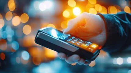 A person making a contactless payment in a high-tech store, budget app syncing in real-time with holographic security overlays, Cyberpunk, Neon lighting, 3D Render
