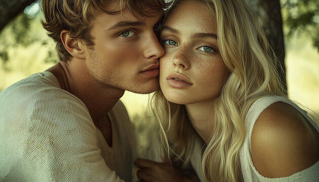 A couple in love bowed their faces