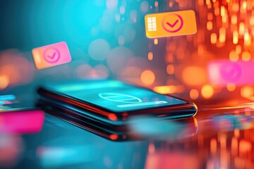 A contactless card and budget tracking interface on a mobile device, digital protection shield icons hovering, Sci-Fi, Electric blue, Digital Illustration