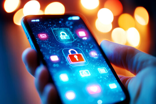 A mobile app displaying secure budget protection with contactless payments, holographic padlocks, Futuristic, Blue and purple hues, Digital Art - Powered by Adobe