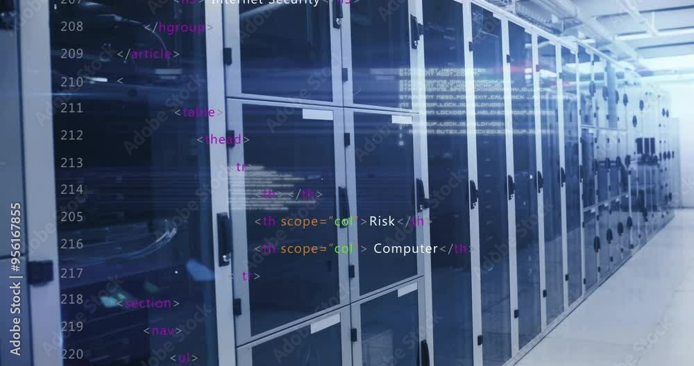 Aufkleber computer code animation over server racks in data center