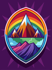 Colorful Mountains with Rainbow Arc and Clouds in Circular Badge