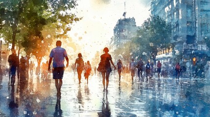 Fototapeta premium Urban Heat Wave Escape - People Finding Respite in Shade and Water, Watercolor Illustration with Shimmering Heat Effect