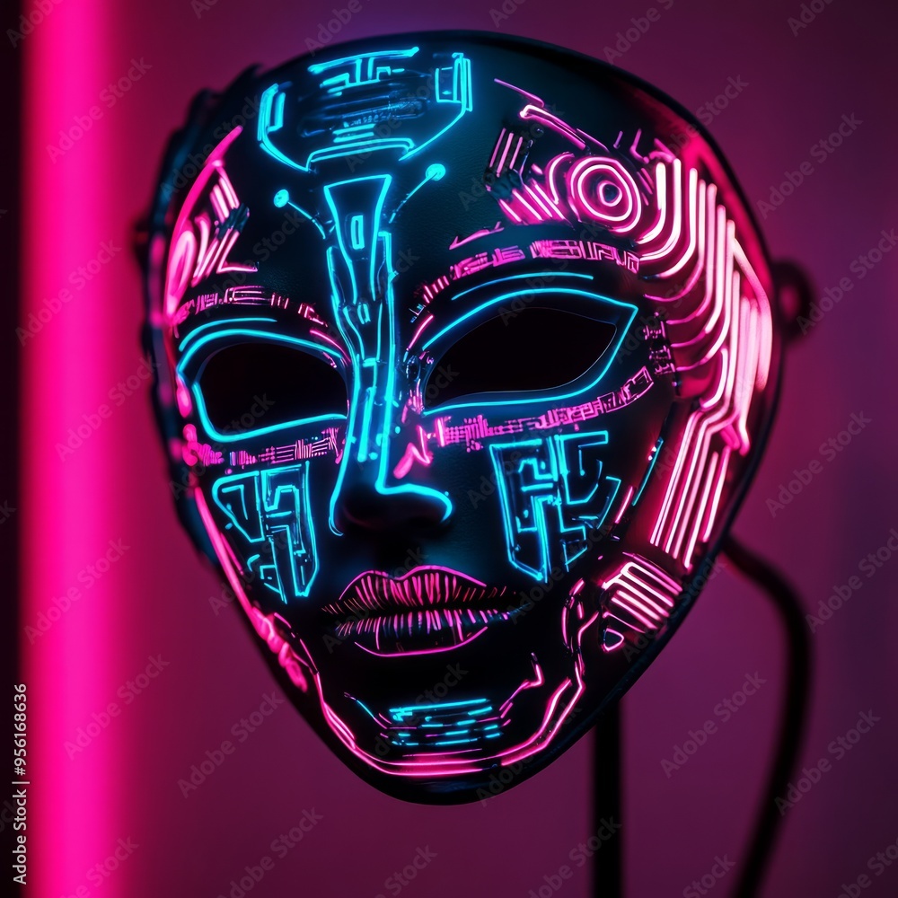 Wall mural A futuristic, glowing, black mask with pink and blue LED lights,  featuring a circuit board design.