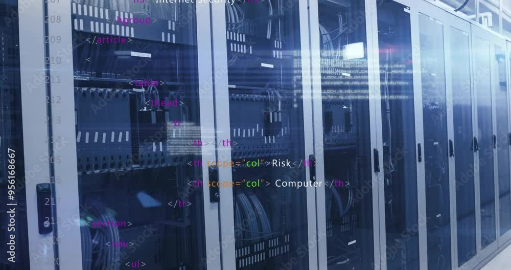 Poster html code animation over server racks in data center