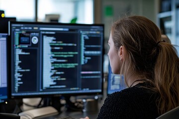 Female software developer working on a security patch in her office. The screen shows complex algorithms and system