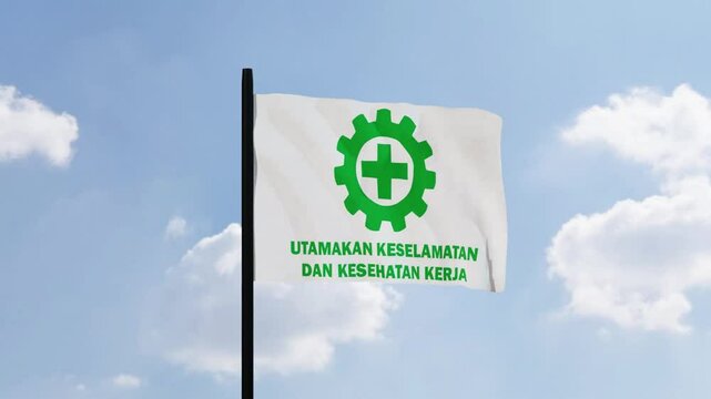 3D animation of a safety and health flag waving against a bright, clear sky background, emphasizing workplace safety and health (K3). Ideal for corporate and educational content.