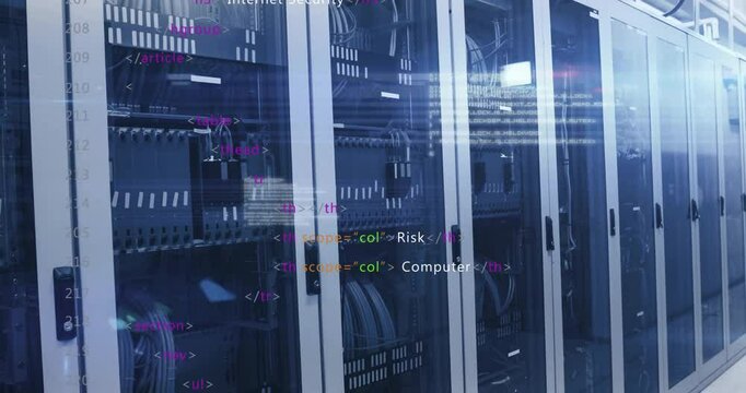 HTML code animation over server racks in data center