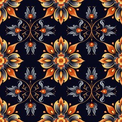 Seamless Floral Pattern with Intricate Designs in Orange, Yellow and Blue