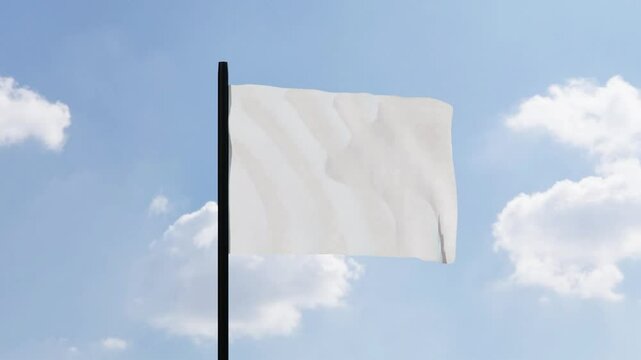 3D animation of a white flag waving gently against a bright, clear sky background. Perfect for themes of peace, surrender, and tranquility.