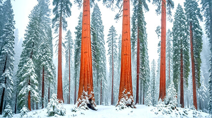 Winter wonderland unfolds as towering sequoia trees stand tall and proud, their reddish-brown bark contrasting beautifully with the surrounding snow-covered forest. 1