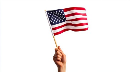 A hand holding an American flag on a white background