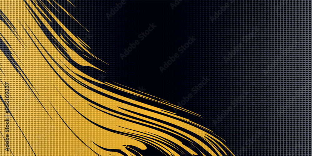 Poster halftone yellow dots pattern and black gradient grunge texture background.