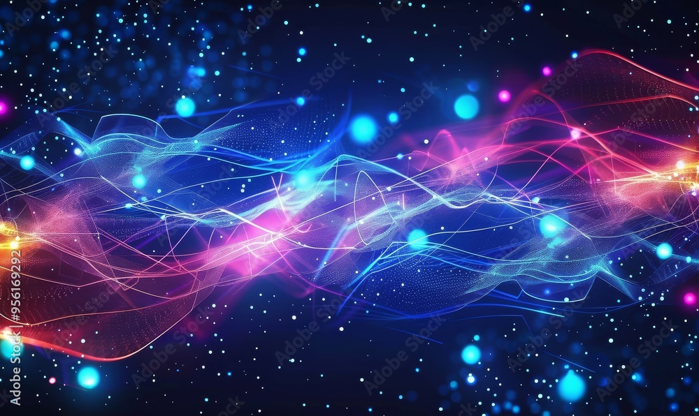 Aufkleber the sharp focus highlights the intricate details of the glowing wave and neon lines, creating a visu