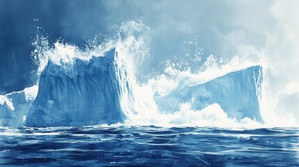 Naklejka premium Dynamic Iceberg Calving in Watercolor Style with Dramatic Splash - Concept of Massive Ice Chunk Breaking Away in Ocean