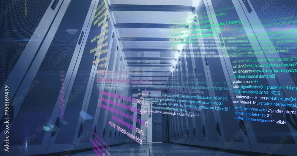 Poster computer code animation over data center servers