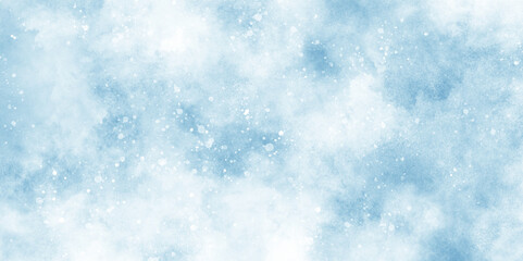 A winter background with snowflakes and randomized floating bokeh, blue snow background texture, light blue bokeh background for design, beautiful blue watercolor background with glitter particles.