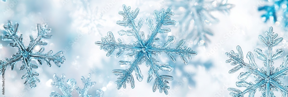 Poster delicate abstract snowflakes float gracefully amidst a soft, wintry background, highlighting their i