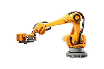 Fototapeta premium Orange robotic arm with black hoses suitable for technology, manufacturing, automation and engineering projects. White background for professional presentations