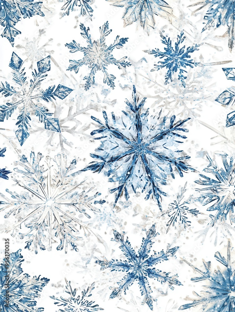Aufkleber This artwork showcases a collection of abstract snowflakes layered on a soft background, conveying a tranquil winter vibe. Generative AI