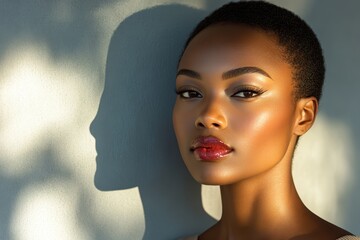 Confident Zulu Fashion Model in Minimalist Chic Attire Against Light Gray Wall with Soft Sunlight Shadows - Close Up Silhouette